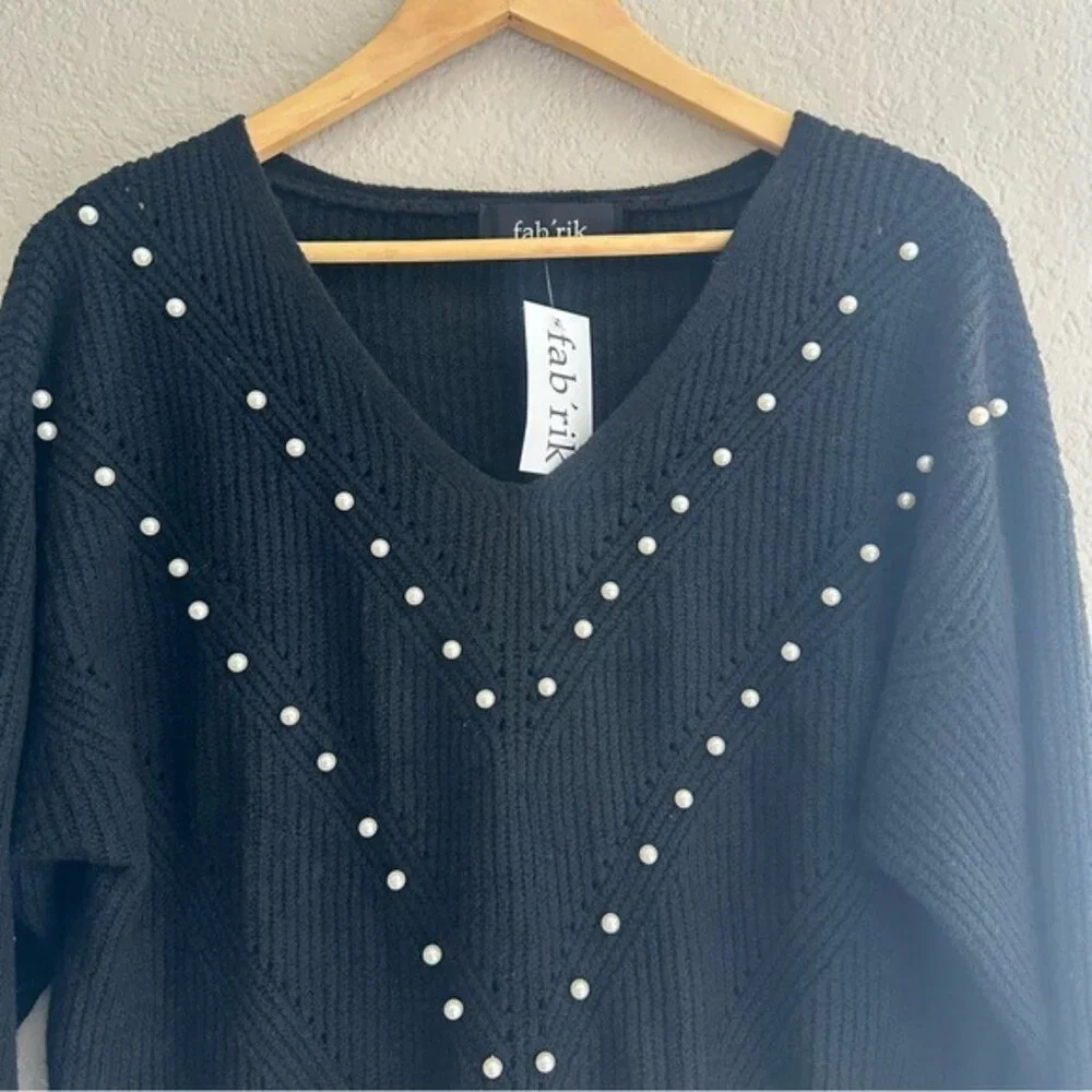 fab'rik Black V-Neck Sweater with Studded Embellishments nwt size Large